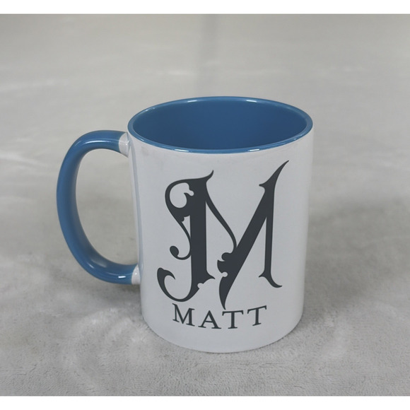 M & M Other - Personalized "M" Matt Coffee Mug Ceramic Cup 11oz Blue Interior Blk Letters